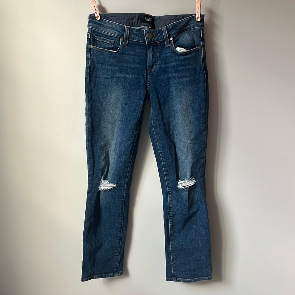 Paige Miki Straight Leg Keiran Destructed Distressed Dark Wash Jeans | Size 25